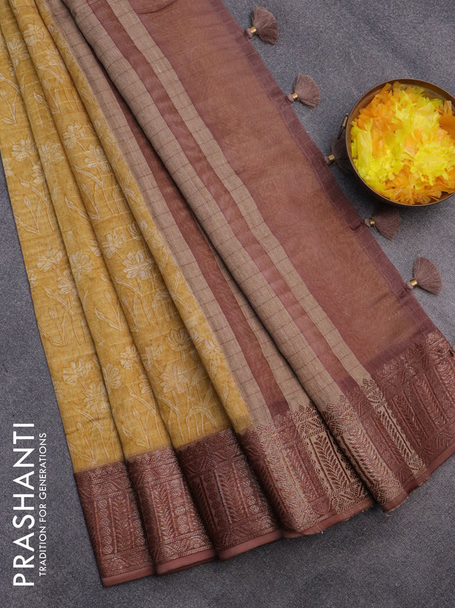 Chanderi silk cotton saree mustard yellow and brown with allover prints and woven border