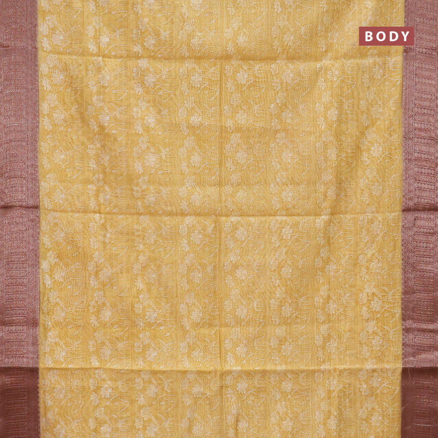 Chanderi silk cotton saree mustard yellow and brown with allover prints and woven border