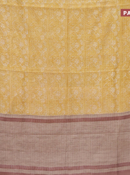 Chanderi silk cotton saree mustard yellow and brown with allover prints and woven border