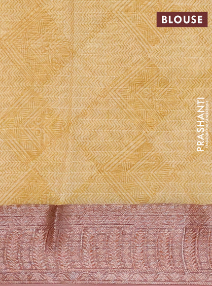 Chanderi silk cotton saree mustard yellow and brown with allover prints and woven border