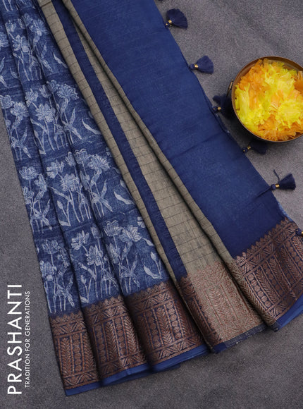 Chanderi silk cotton saree blue with allover prints and woven border