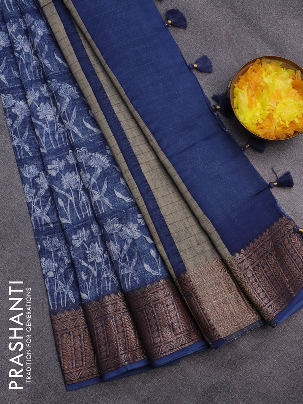 Chanderi silk cotton saree blue with allover prints and woven border