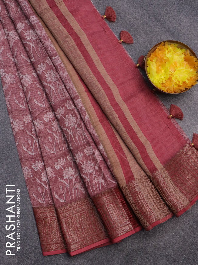 Chanderi silk cotton saree pastel maroon shade with allover prints and woven border