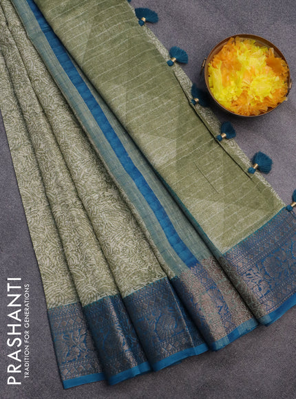 Chanderi silk cotton saree sap green and cs blue with allover prints and woven border