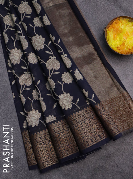 Chanderi silk cotton saree dark blue with allover floral prints and banarasi style border