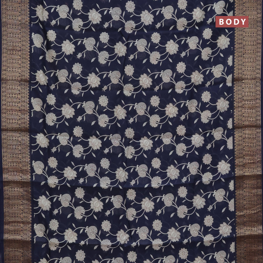 Chanderi silk cotton saree dark blue with allover floral prints and banarasi style border