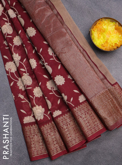 Chanderi silk cotton saree maroon with allover floral prints and banarasi style border