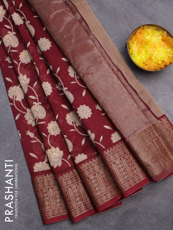 Chanderi silk cotton saree maroon with allover floral prints and banarasi style border