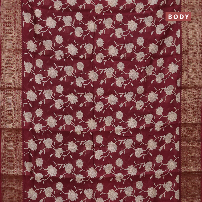 Chanderi silk cotton saree maroon with allover floral prints and banarasi style border