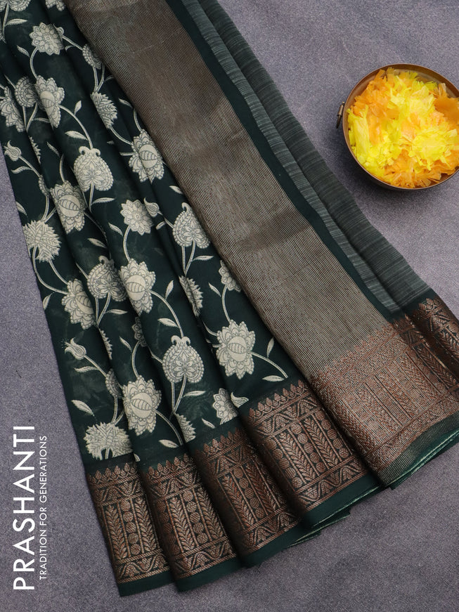 Chanderi silk cotton saree dark green with allover floral prints and banarasi style border