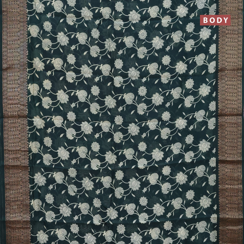 Chanderi silk cotton saree dark green with allover floral prints and banarasi style border