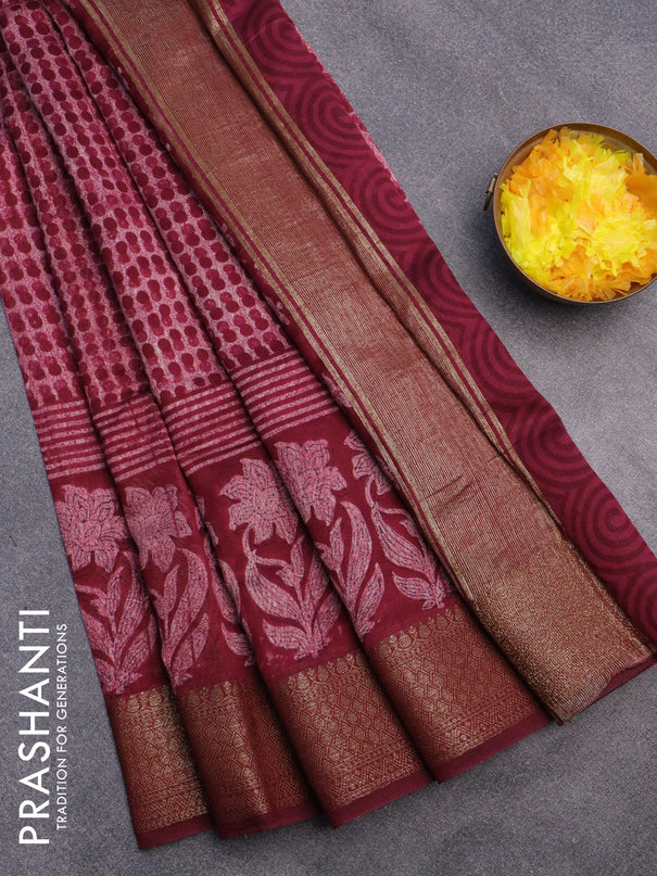 Chanderi silk cotton saree maroon with allover prints and banarasi style border