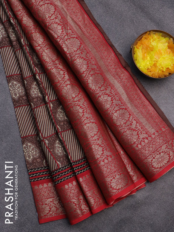 Chanderi silk cotton saree brown and red with allover prints and banarasi style border