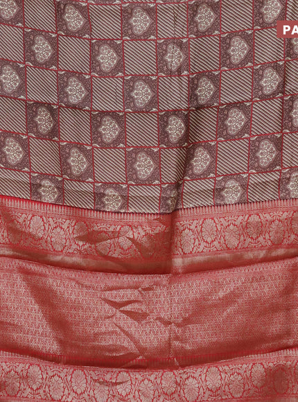 Chanderi silk cotton saree brown and red with allover prints and banarasi style border