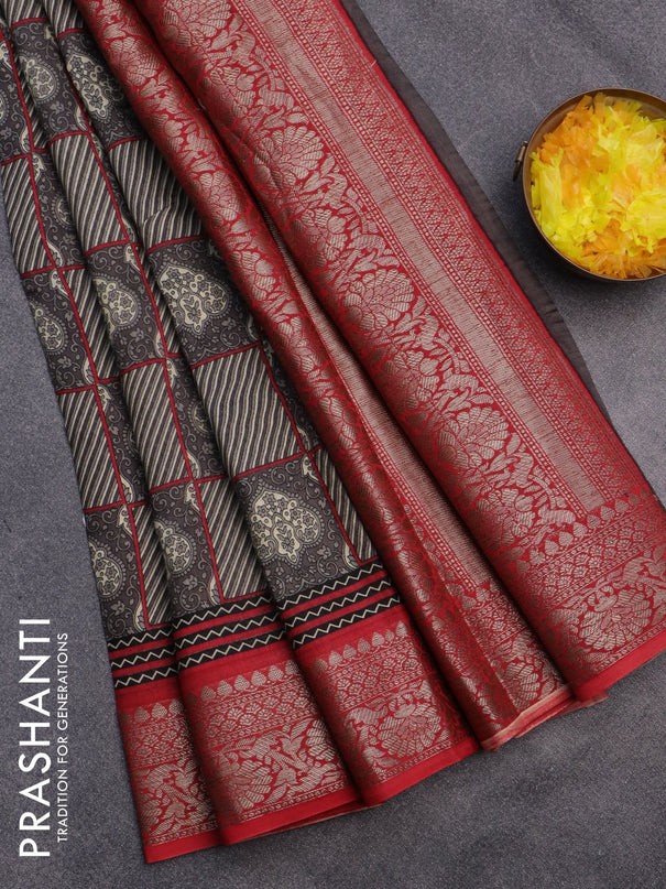 Chanderi silk cotton saree grey and red with allover prints and banarasi style border