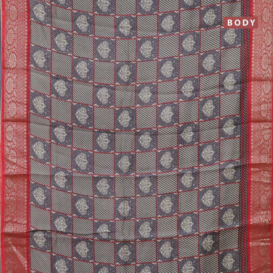 Chanderi silk cotton saree grey and red with allover prints and banarasi style border