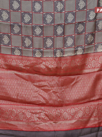 Chanderi silk cotton saree grey and red with allover prints and banarasi style border