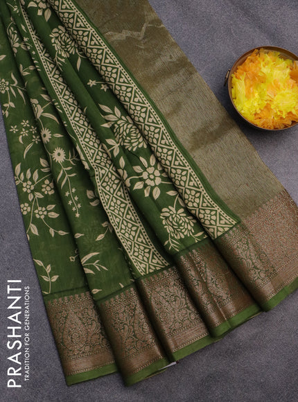 Chanderi silk cotton saree green with allover prints and banarasi style border