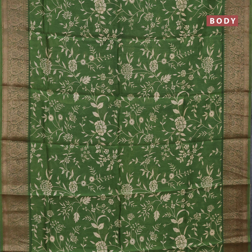 Chanderi silk cotton saree green with allover prints and banarasi style border