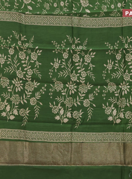 Chanderi silk cotton saree green with allover prints and banarasi style border