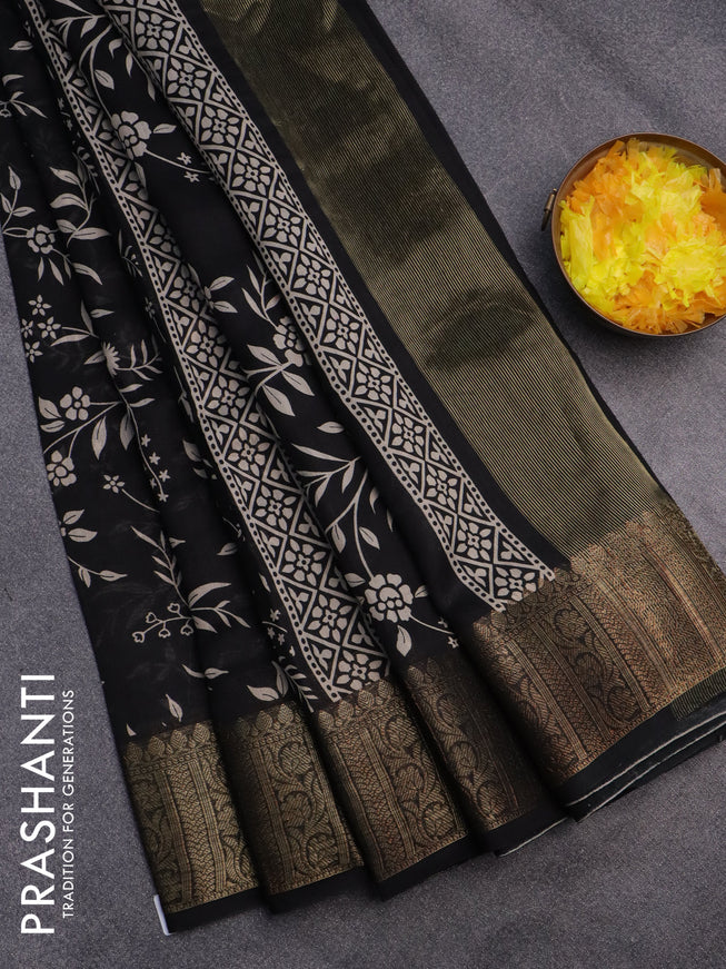 Chanderi silk cotton saree black with allover prints and banarasi style border