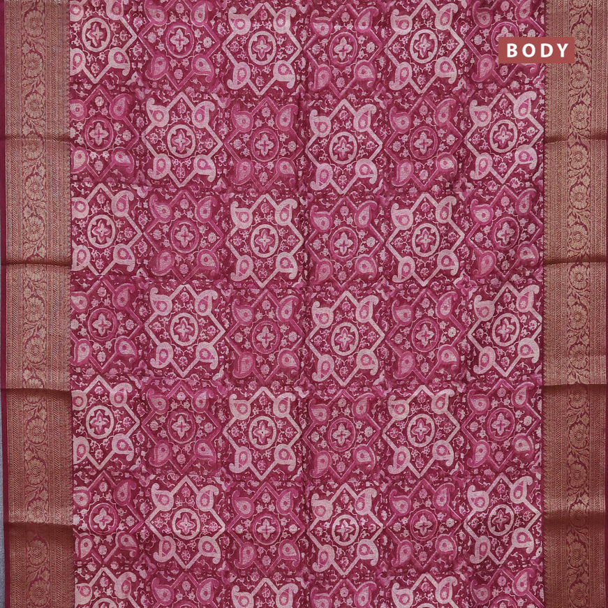 Chanderi silk cotton saree dark magenta pink with allover prints and banarasi style border