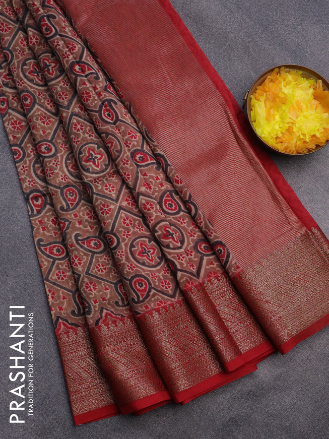 Chanderi silk cotton saree brown and red with allover prints and banarasi style border