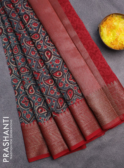 Chanderi silk cotton saree blue shade and red with allover prints and banarasi style border