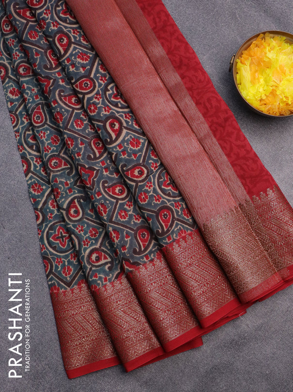 Chanderi silk cotton saree blue shade and red with allover prints and banarasi style border