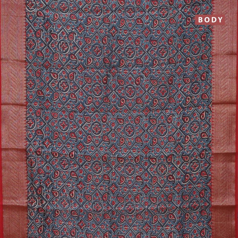 Chanderi silk cotton saree blue shade and red with allover prints and banarasi style border