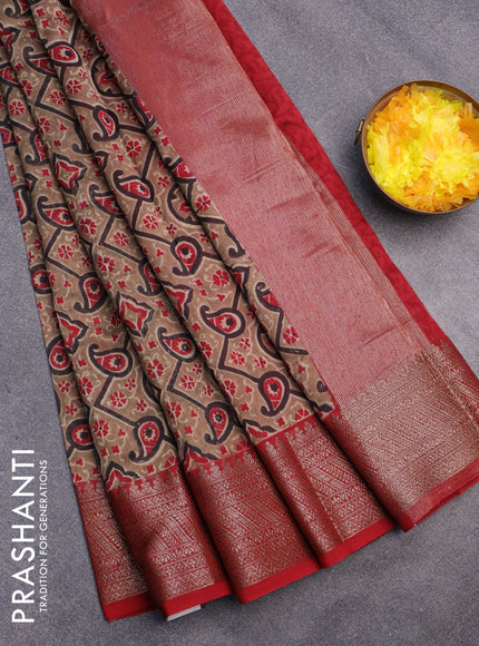 Chanderi silk cotton saree beige and red with allover prints and banarasi style border