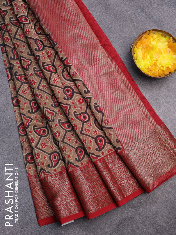 Chanderi silk cotton saree beige and red with allover prints and banarasi style border