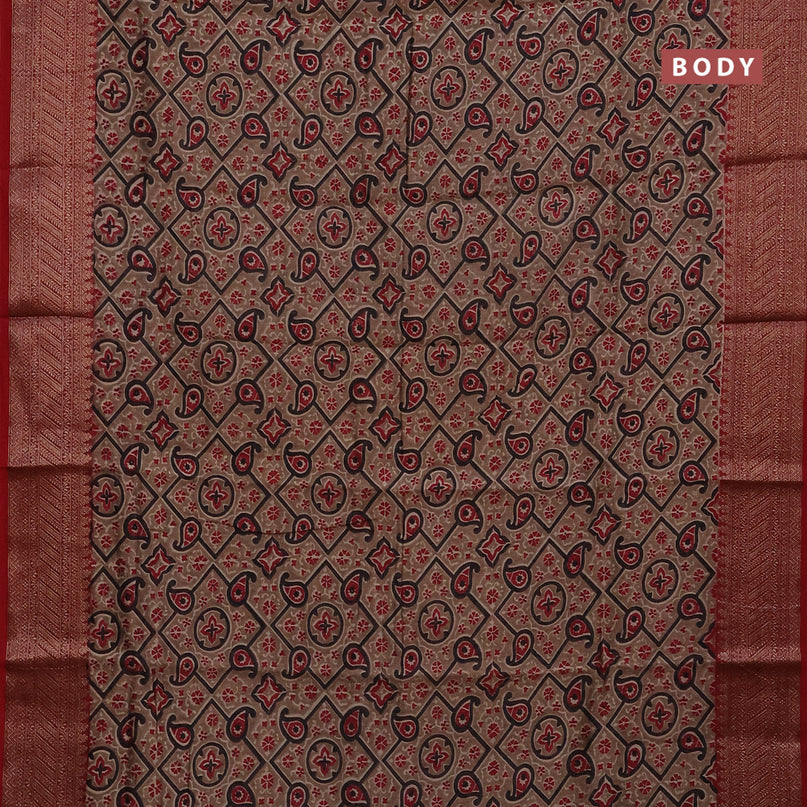 Chanderi silk cotton saree beige and red with allover prints and banarasi style border