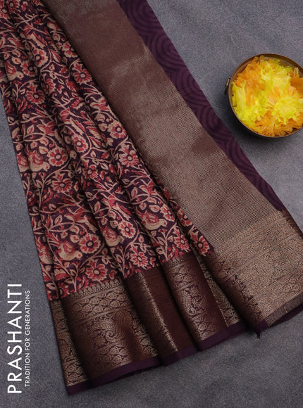 Chanderi silk cotton saree wine shade with allover kalamkari prints and banarasi style border