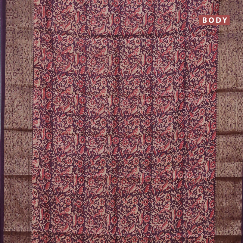 Chanderi silk cotton saree wine shade with allover kalamkari prints and banarasi style border