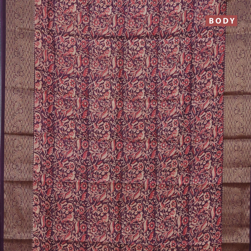 Chanderi silk cotton saree wine shade with allover kalamkari prints and banarasi style border