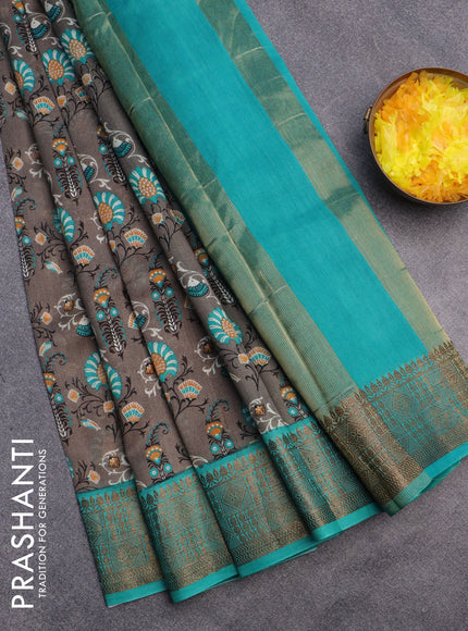 Chanderi silk cotton saree grey and teal blue with allover prints and banarasi style border