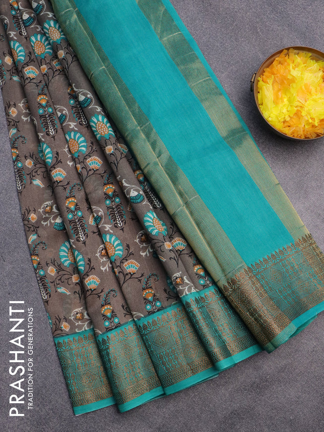 Chanderi silk cotton saree grey and teal blue with allover prints and banarasi style border