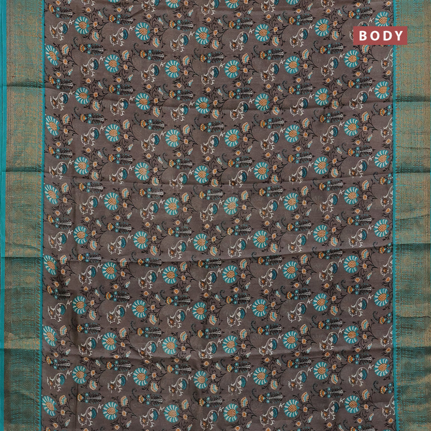 Chanderi silk cotton saree grey and teal blue with allover prints and banarasi style border