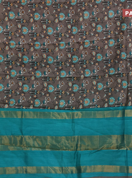 Chanderi silk cotton saree grey and teal blue with allover prints and banarasi style border