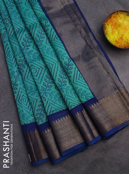 Chanderi silk cotton saree teal blue and blue with allover bandhani prints and banarasi style border