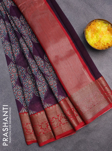 Chanderi silk cotton saree deep violet and red with allover prints and banarasi style border