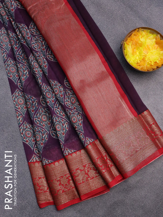 Chanderi silk cotton saree deep violet and red with allover prints and banarasi style border