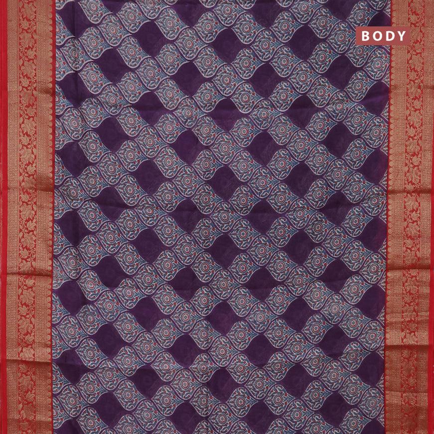 Chanderi silk cotton saree deep violet and red with allover prints and banarasi style border