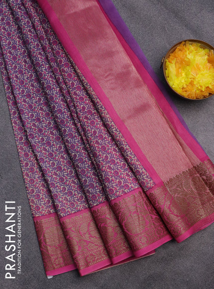 Chanderi silk cotton saree violet and pink with allover floral prints and banarasi style border