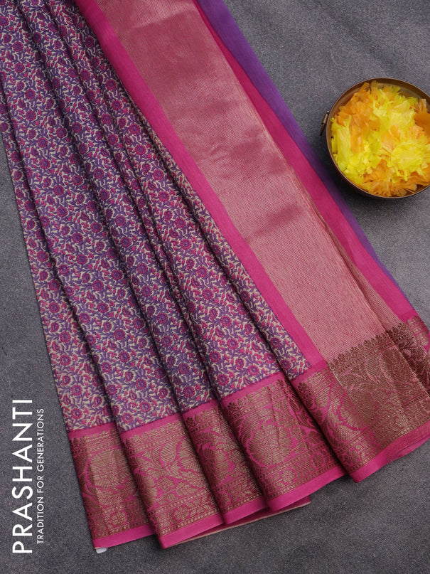 Chanderi silk cotton saree violet and pink with allover floral prints and banarasi style border