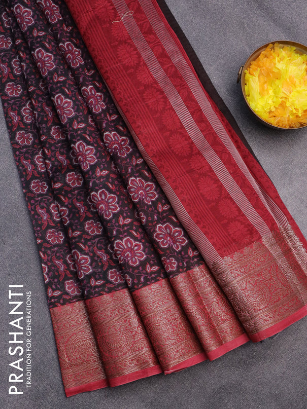 Chanderi silk cotton saree black and red with allover floral prints and banarasi style border