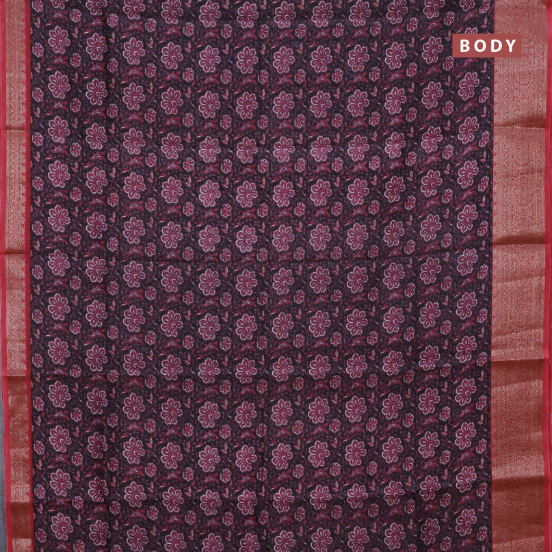 Chanderi silk cotton saree black and red with allover floral prints and banarasi style border