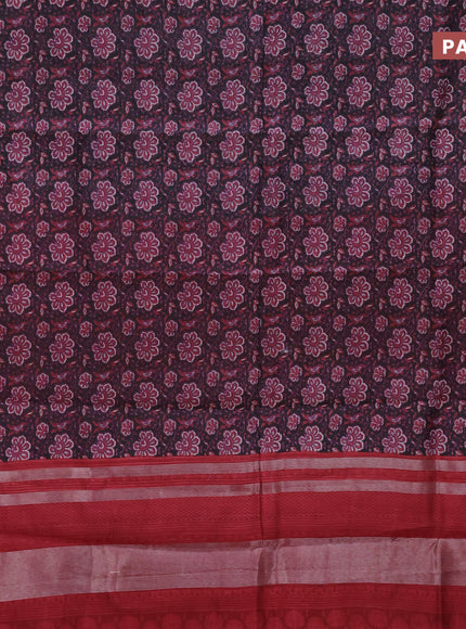 Chanderi silk cotton saree black and red with allover floral prints and banarasi style border