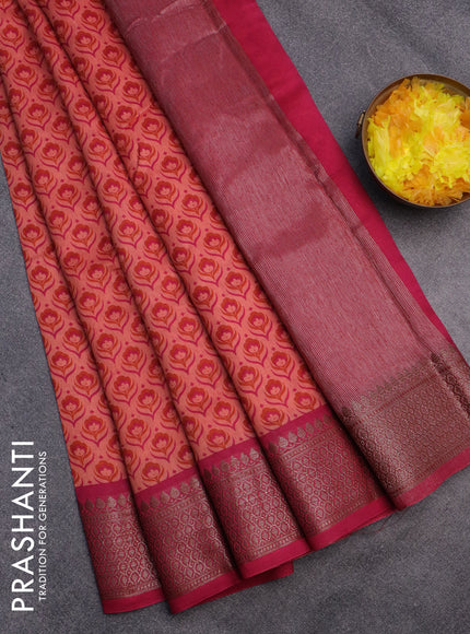 Chanderi silk cotton saree peach orange and pink with allover floral butta prints and banarasi style border